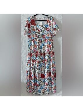 OC ORDER PLUS Square Neck Floral Print Short Sleeve Maxi Dress